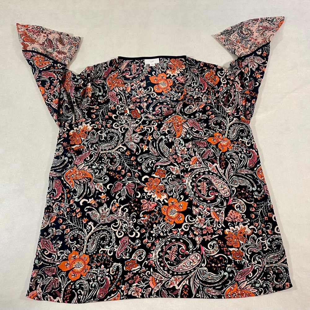 J.JILL WOMENS PAISLE TUNIC/TOP BOGO FLOUNCE RUFFLE SLEEVE /NWOT